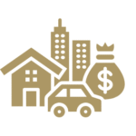 Real estate icon with house, city, and money sign.