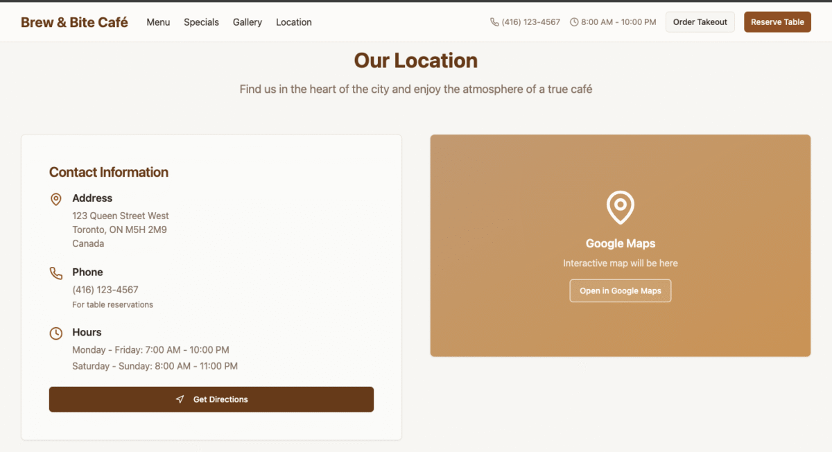 Brew & Bite Café — Home hero section location