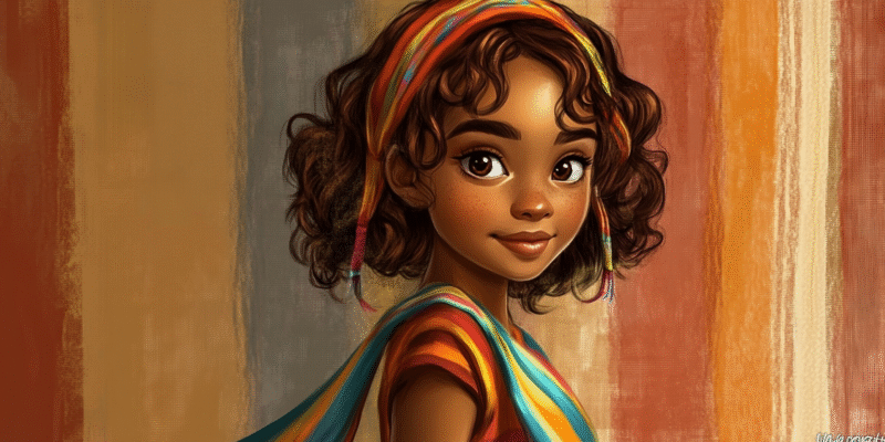 Young girl with curly hair in striped dress looking back.