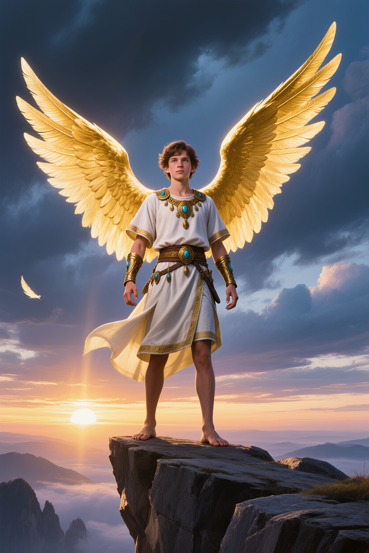 Young angel in white robe with golden wings.