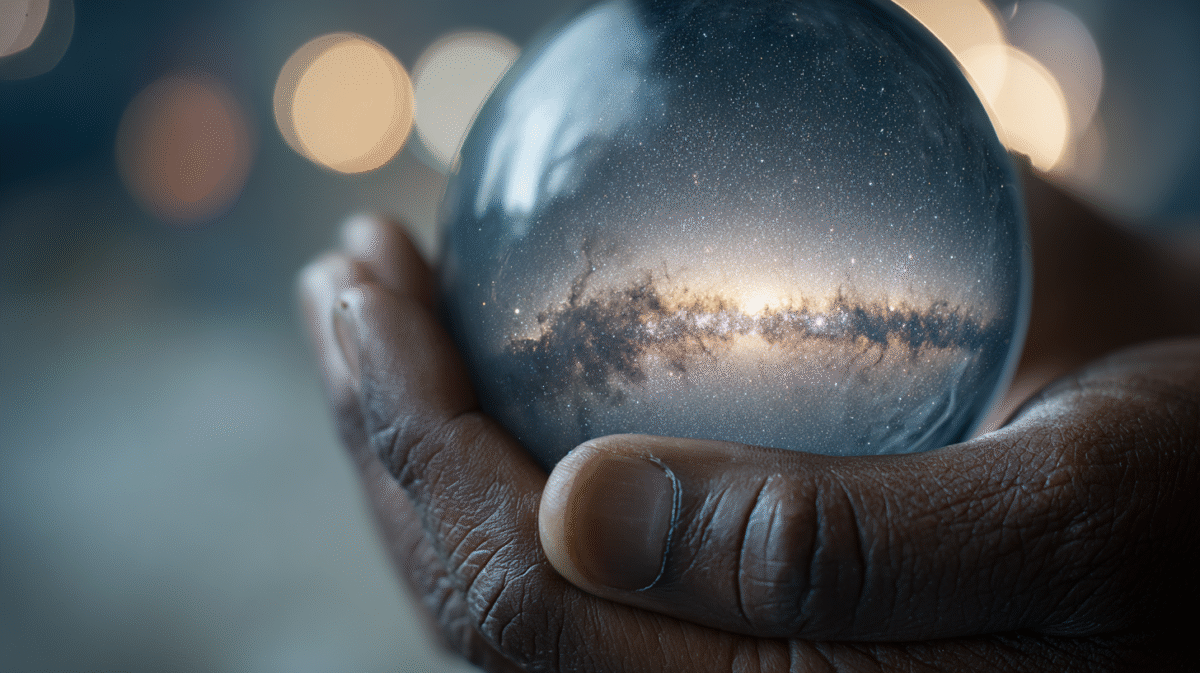 Hands holding glass sphere with cosmic reflection.