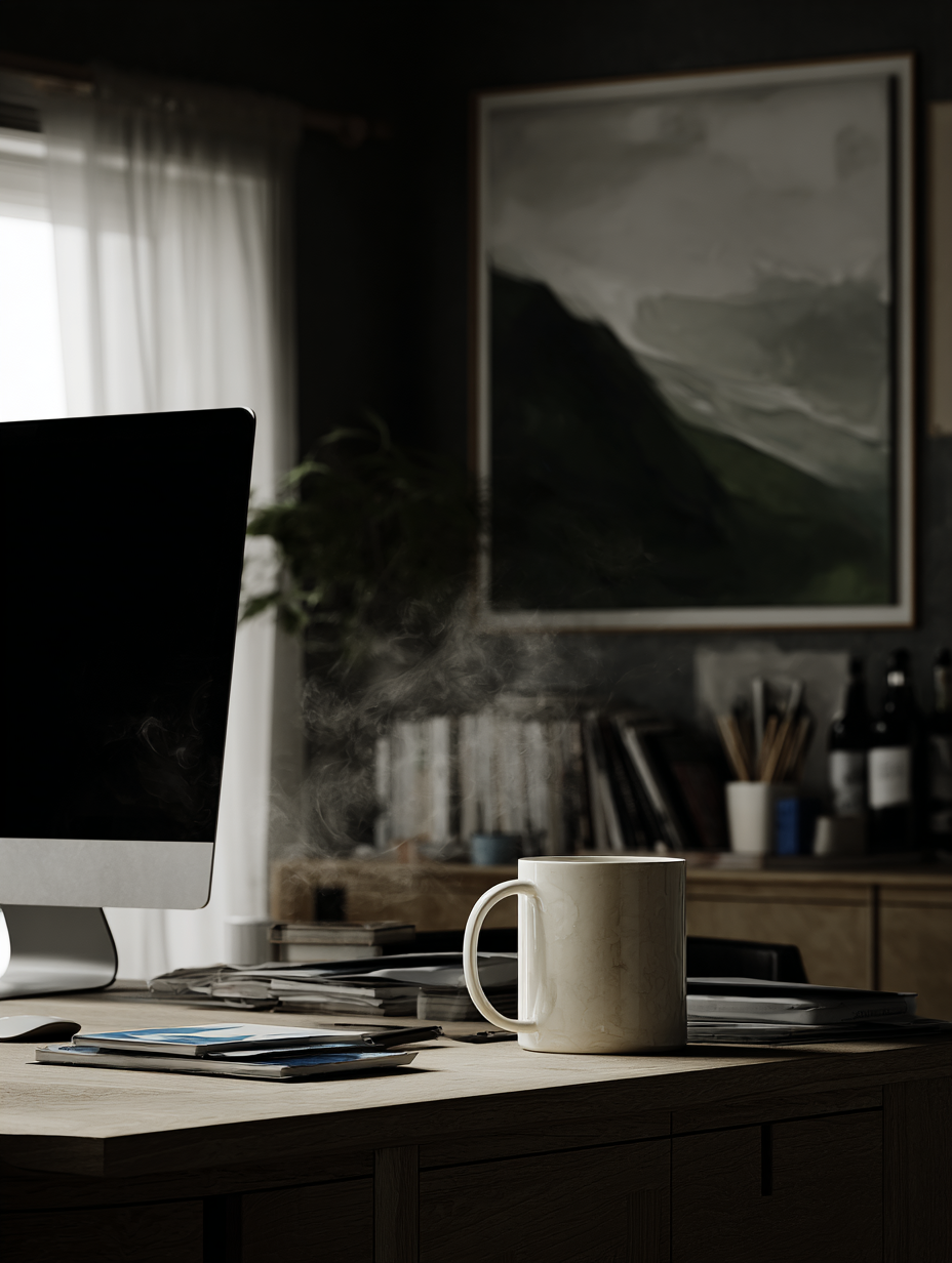 A cozy creative studio desk with a computer, steaming coffee mug, and warm natural light. About us.