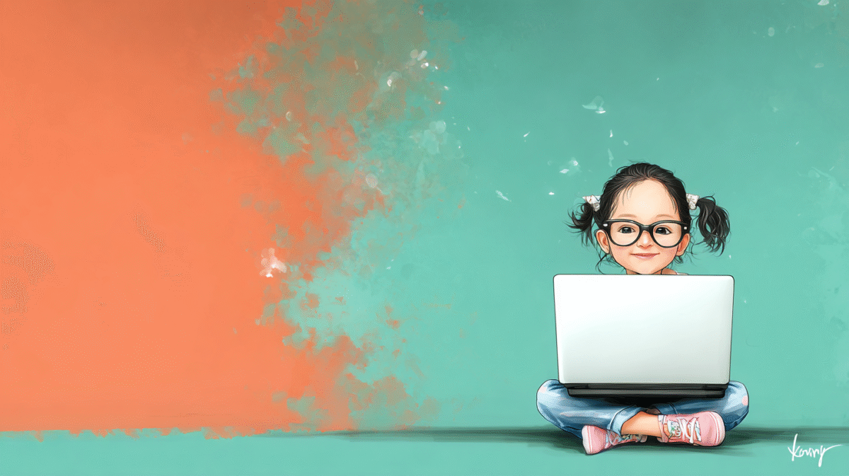 Girl with laptop against artistic paint splash background.