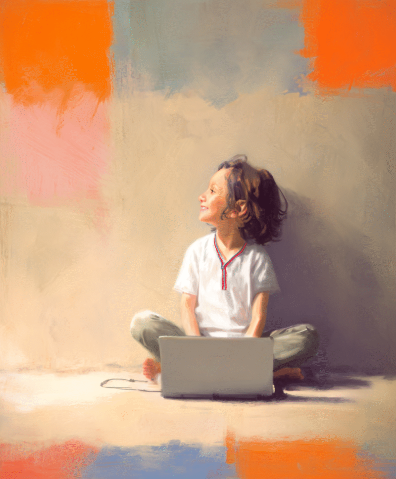 Young girl using laptop with abstract paint wall.