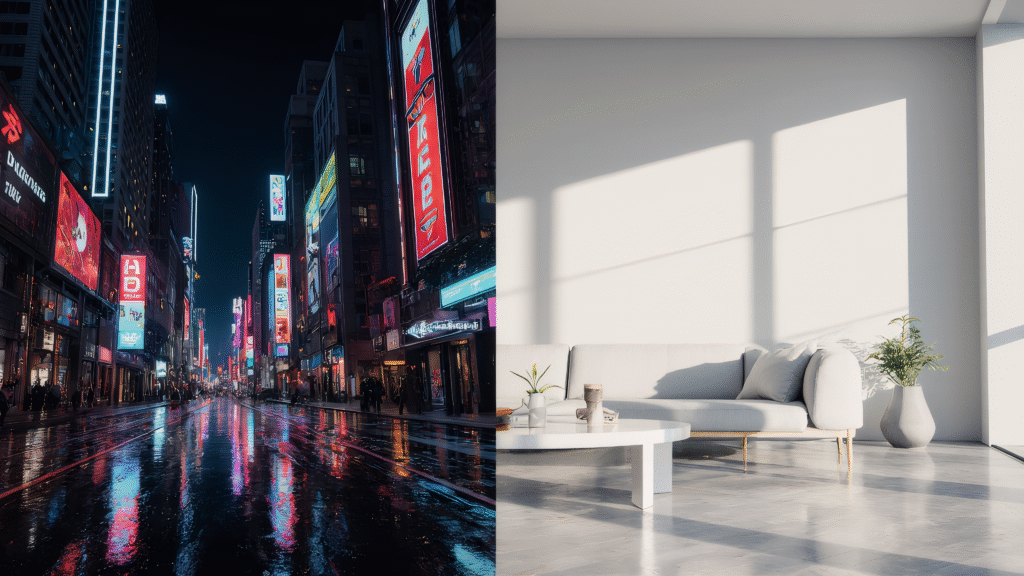 A split-scene artwork showing a rainy neon-lit cyberpunk city street on the left and a bright minimalist living room with white furniture and plants on the right, symbolizing contrasting visual trends.
