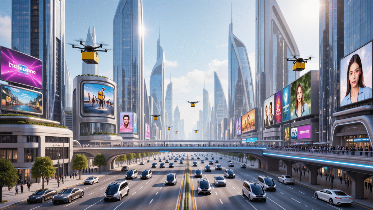 Bright futuristic city with flying cars and skyscrapers.