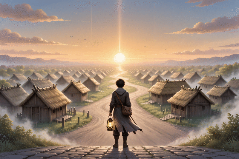 Lone traveler walking toward rising glowing sun.Journey of the Hero – 6 Epic Fantasy Posters Collection