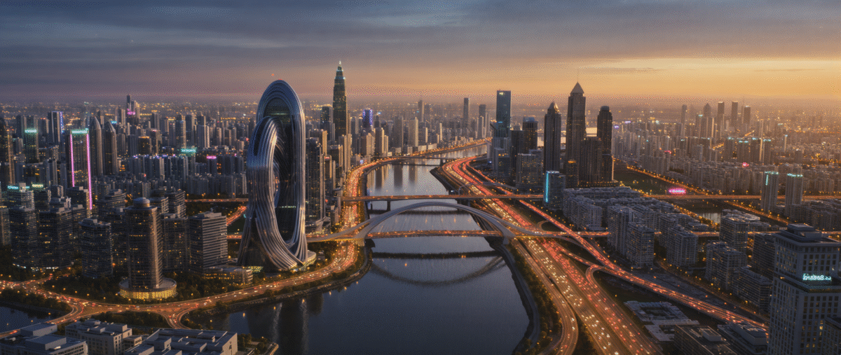 Futuristic bridge leading into sci-fi city skyline.