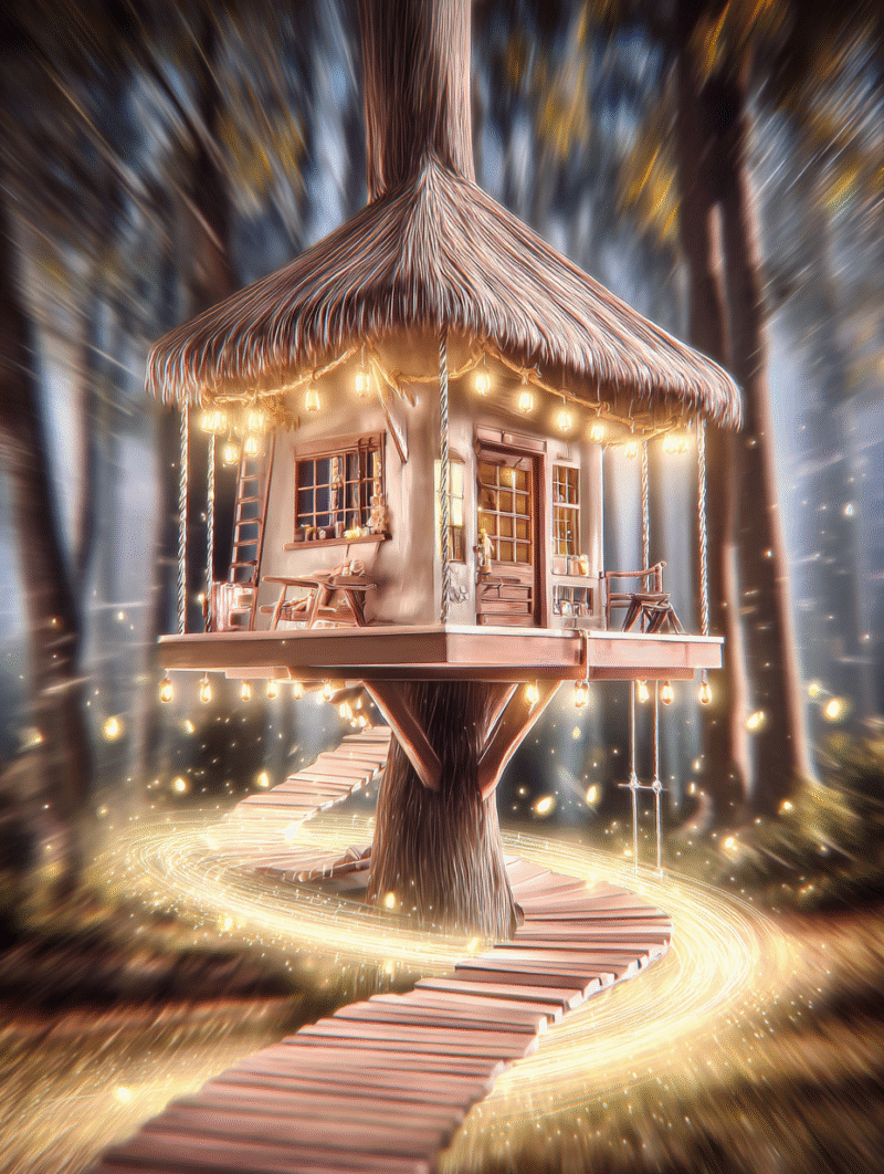 Cozy wooden treehouse glowing in forest.
