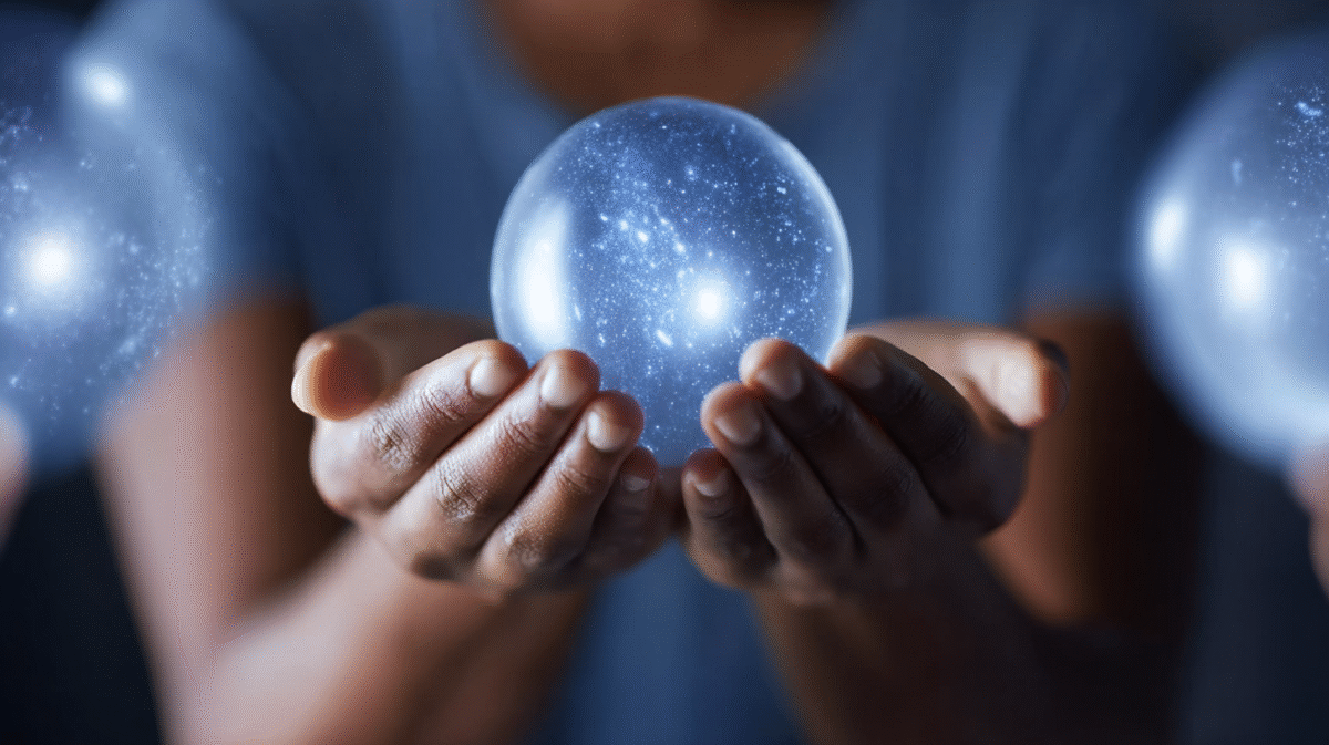 Hands gently holding glowing moon sphere.