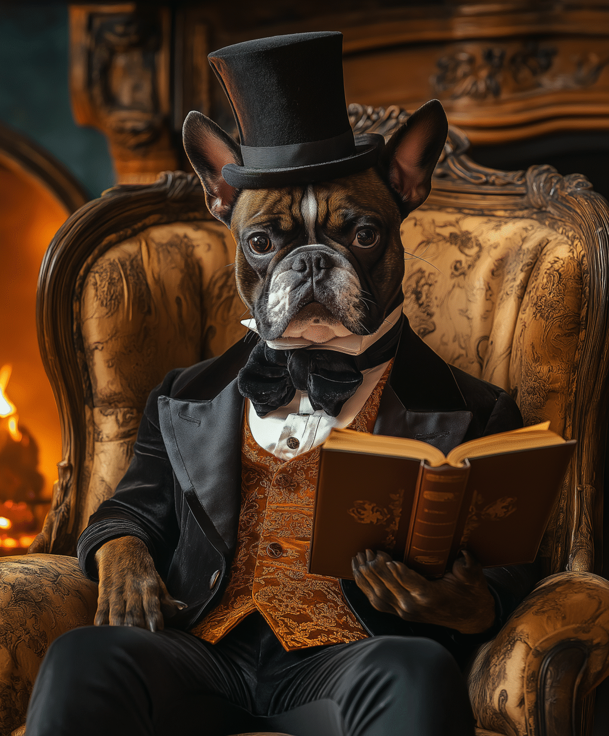 Bulldog scholar reading a book in chair.
