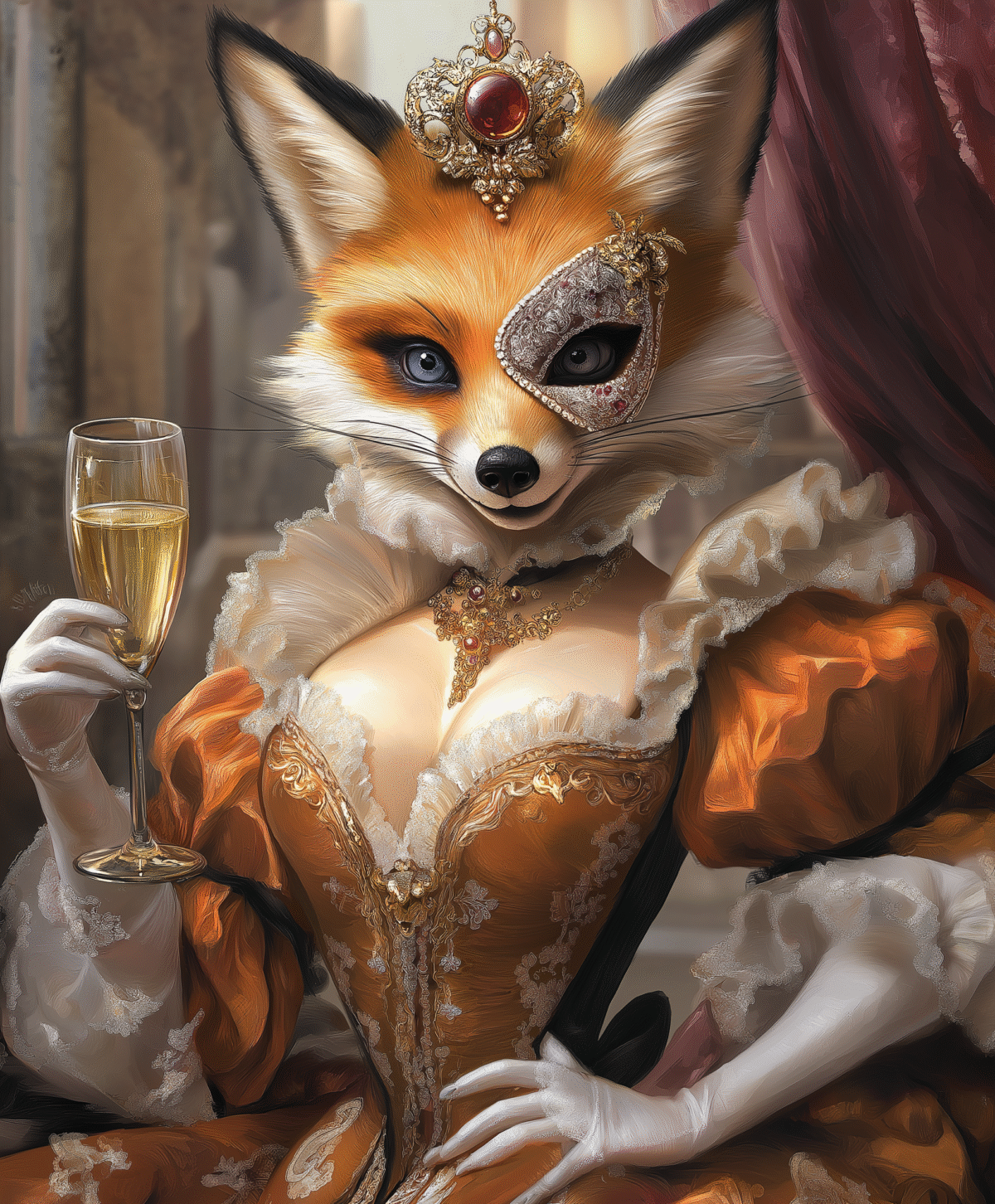 Elegant fox lady in vintage dress holding glass.