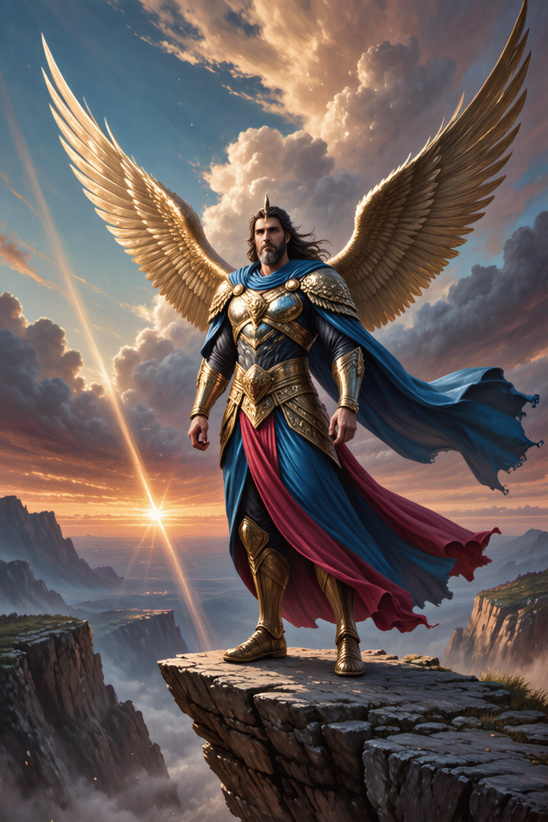 Guardian angel with golden wings in dramatic sky. Celestial Sentinels – Fantasy Angel Art Collection