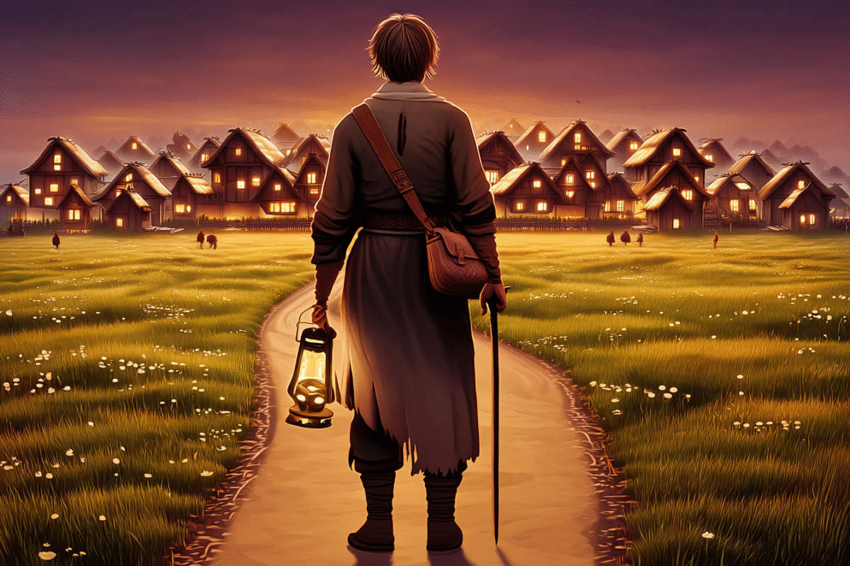 Traveler holding lantern walking through suburban village.