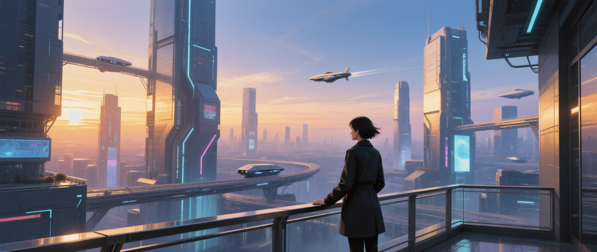 Woman looking at futuristic city with flying cars.