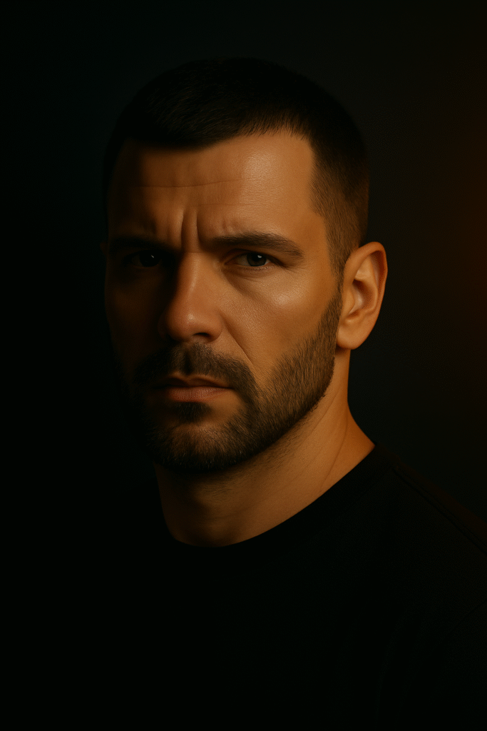 Realistic portrait of a man with short hair and beard in low-key lighting. Creative assets.