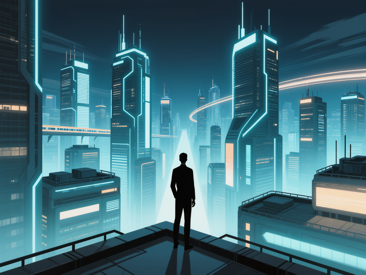 Futuristic neon skyline glowing in blue.