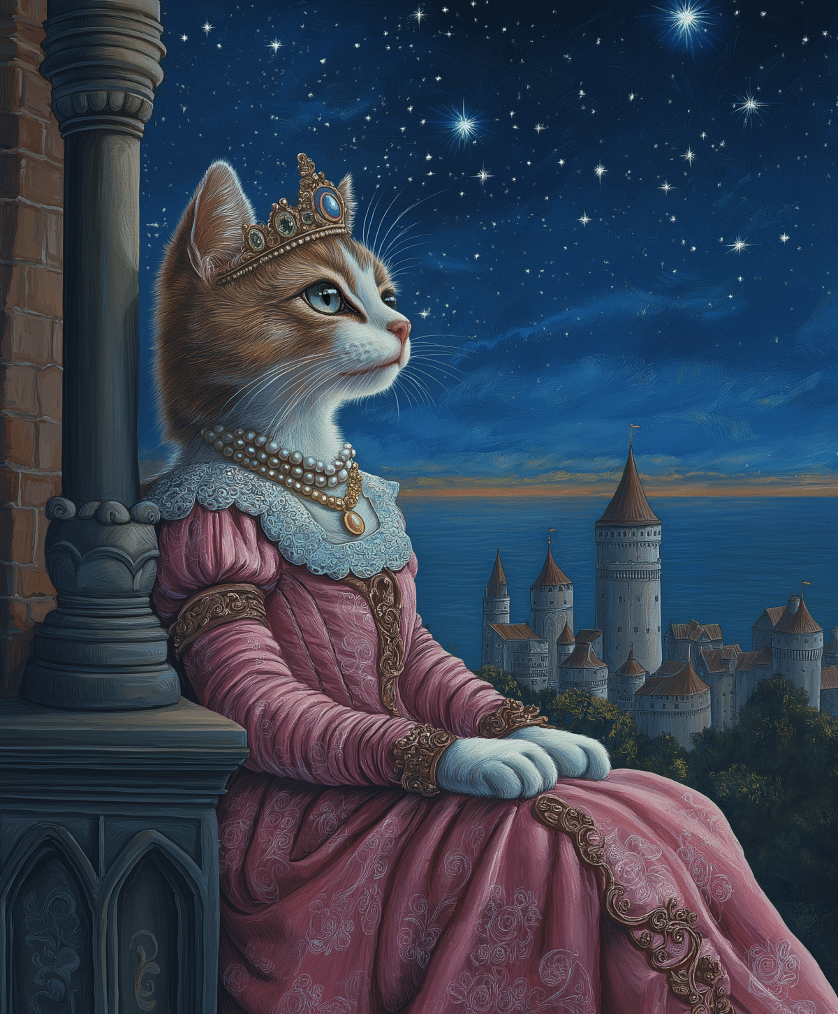 Fox lady in pink dress by the sea.