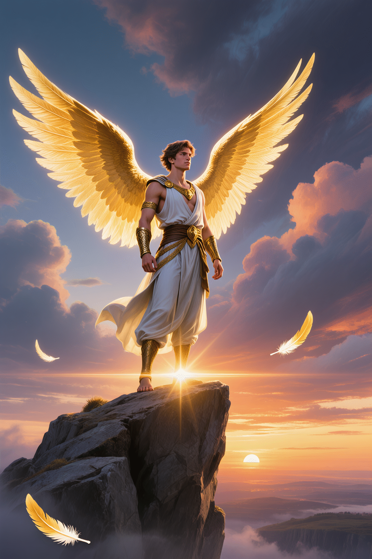 Angel spreading wings against glowing sunset sky.
