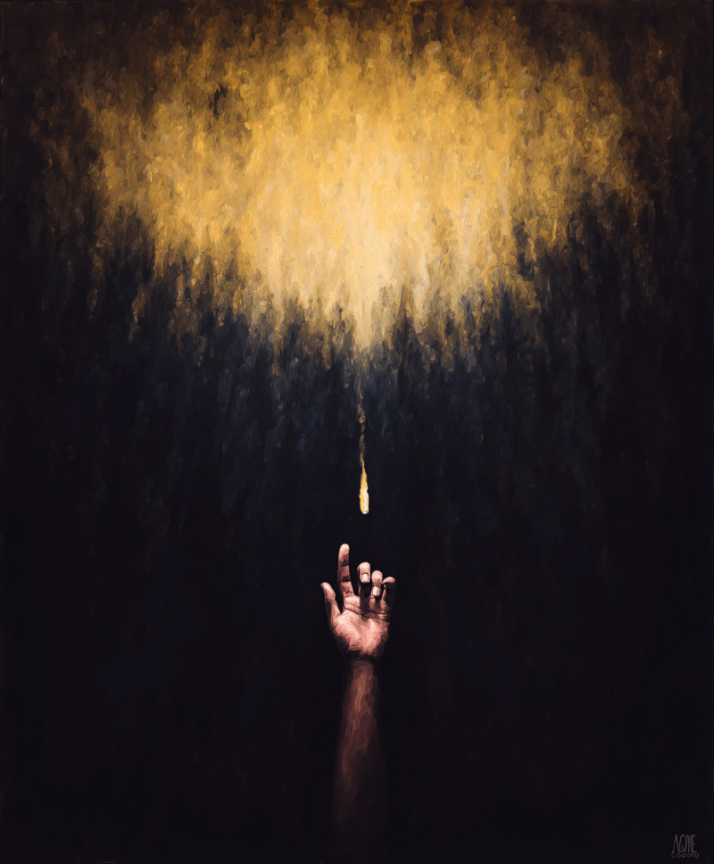 Person raising lantern under glowing golden sky. Hands of Creation – Symbolic Light Collection