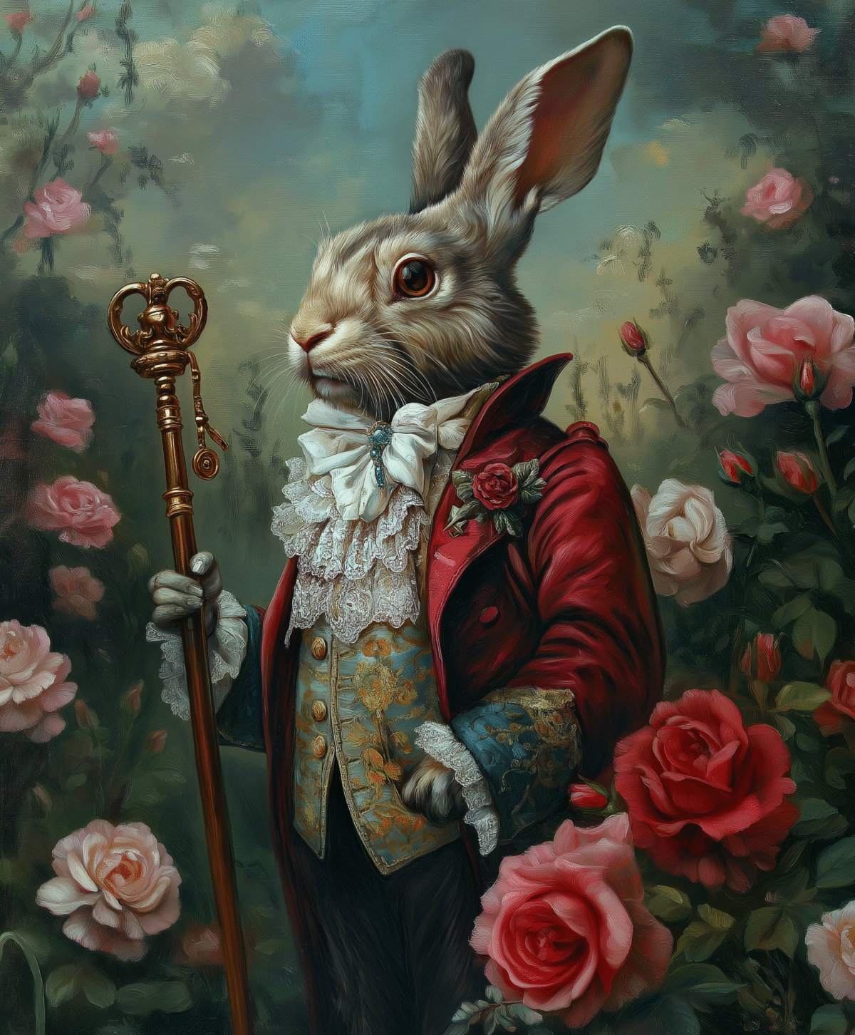 Aristocratic rabbit in red coat holding staff.