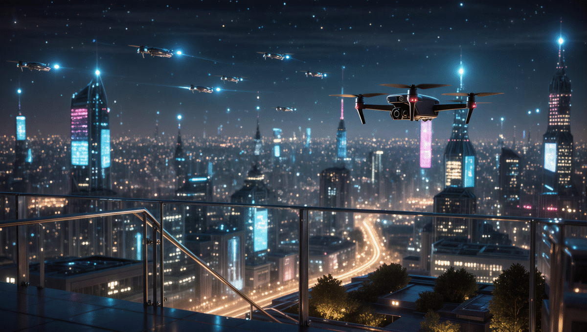 Flying drone over modern illuminated city at night.