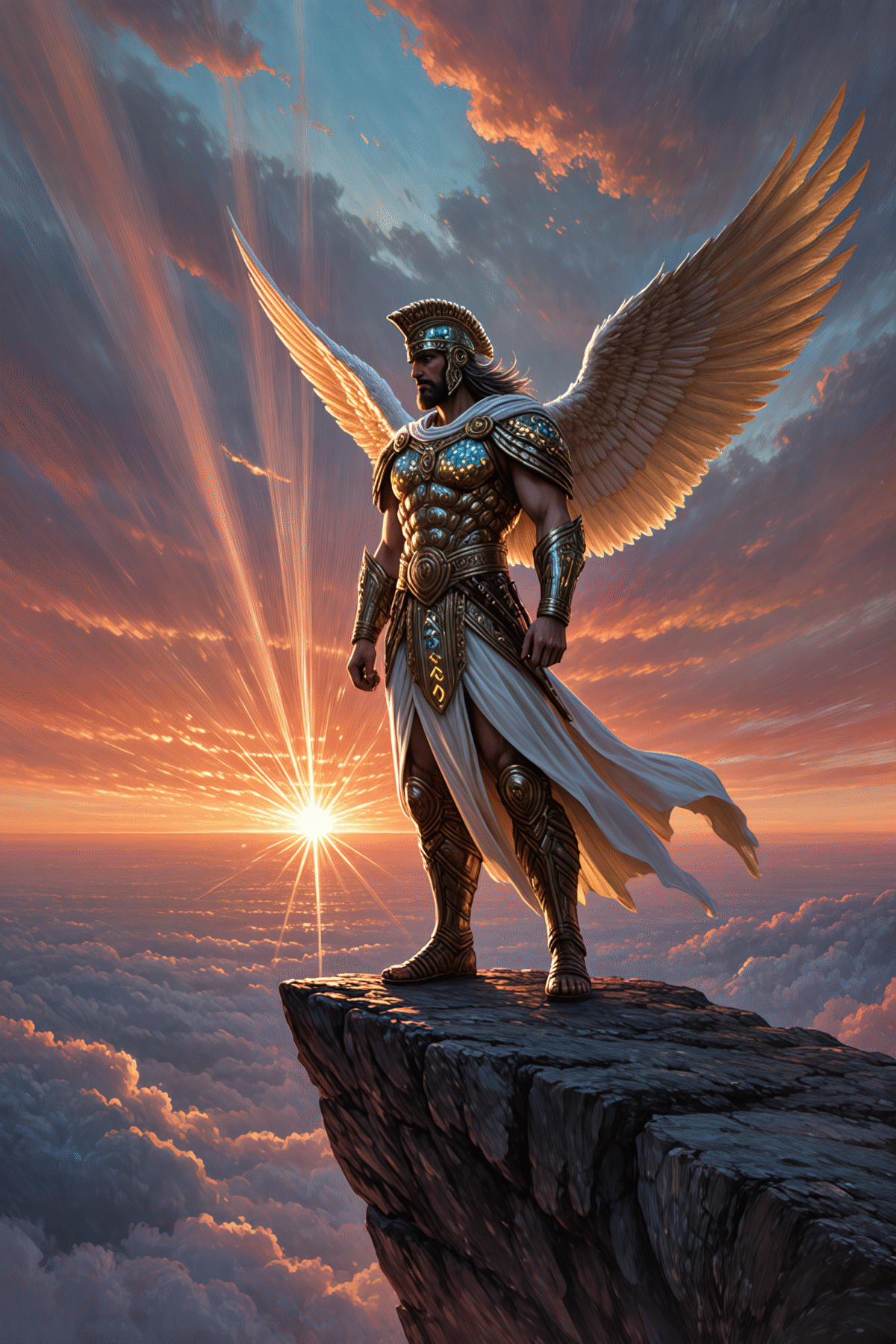 Warrior angel with armor and golden wings.