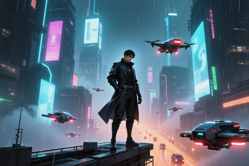 Man standing among glowing neon holograms. Futuristic Cityscapes – A Lone Hero Collection