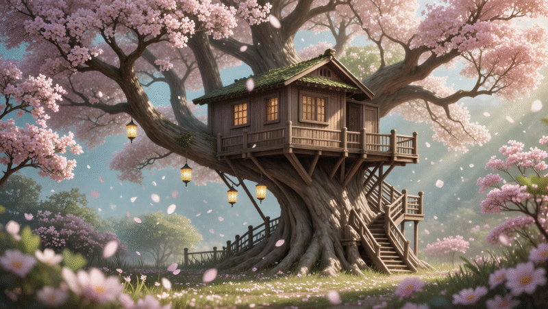 Wooden treehouse among cherry blossom trees.Seasons of a Treehouse – 4 Fantasy Posters