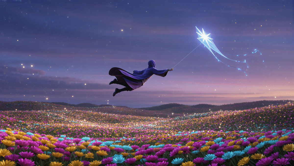 Person flying in sky above colorful flower field.