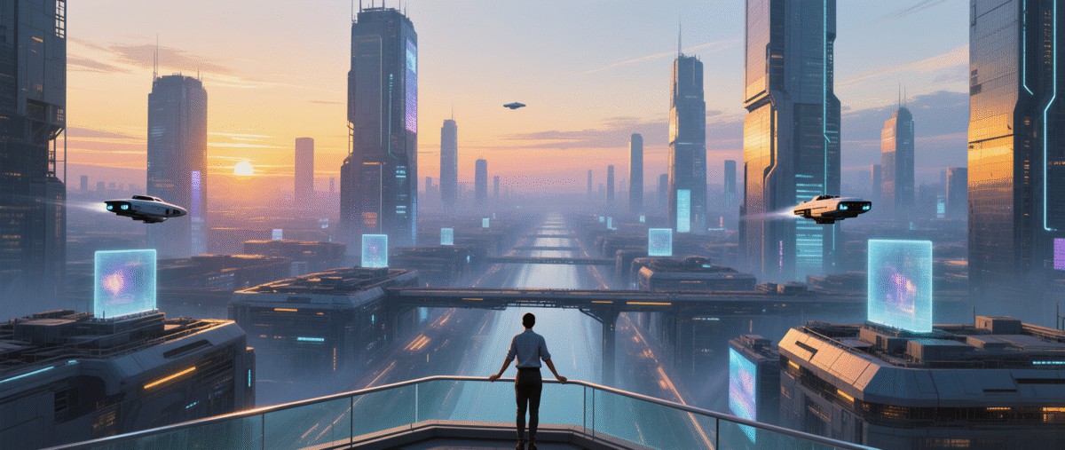 Lone figure standing in futuristic neon city.