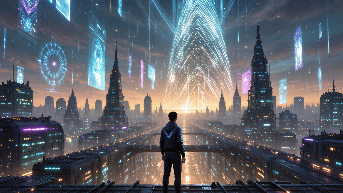 Traveler gazing at sci-fi luminous metropolis.