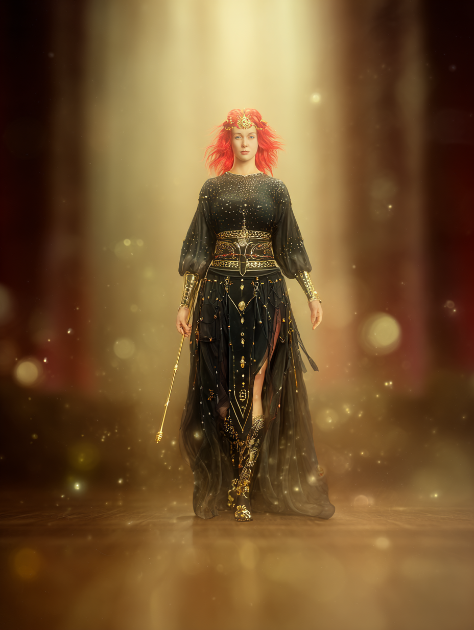 The Alliance of Eleven – Guardians of the Forgotten Realms | Fantasy Character Illustrations (11 PNG/JPG) 9 Woman in black dress standing in golden light.