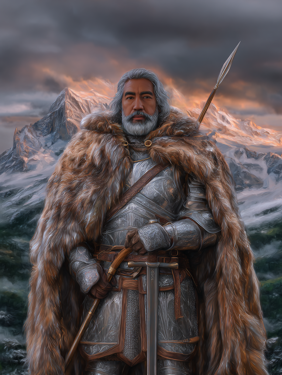 The Alliance of Eleven – Guardians of the Forgotten Realms | Fantasy Character Illustrations (11 PNG/JPG) 1 Elder warrior with fur coat and sword.