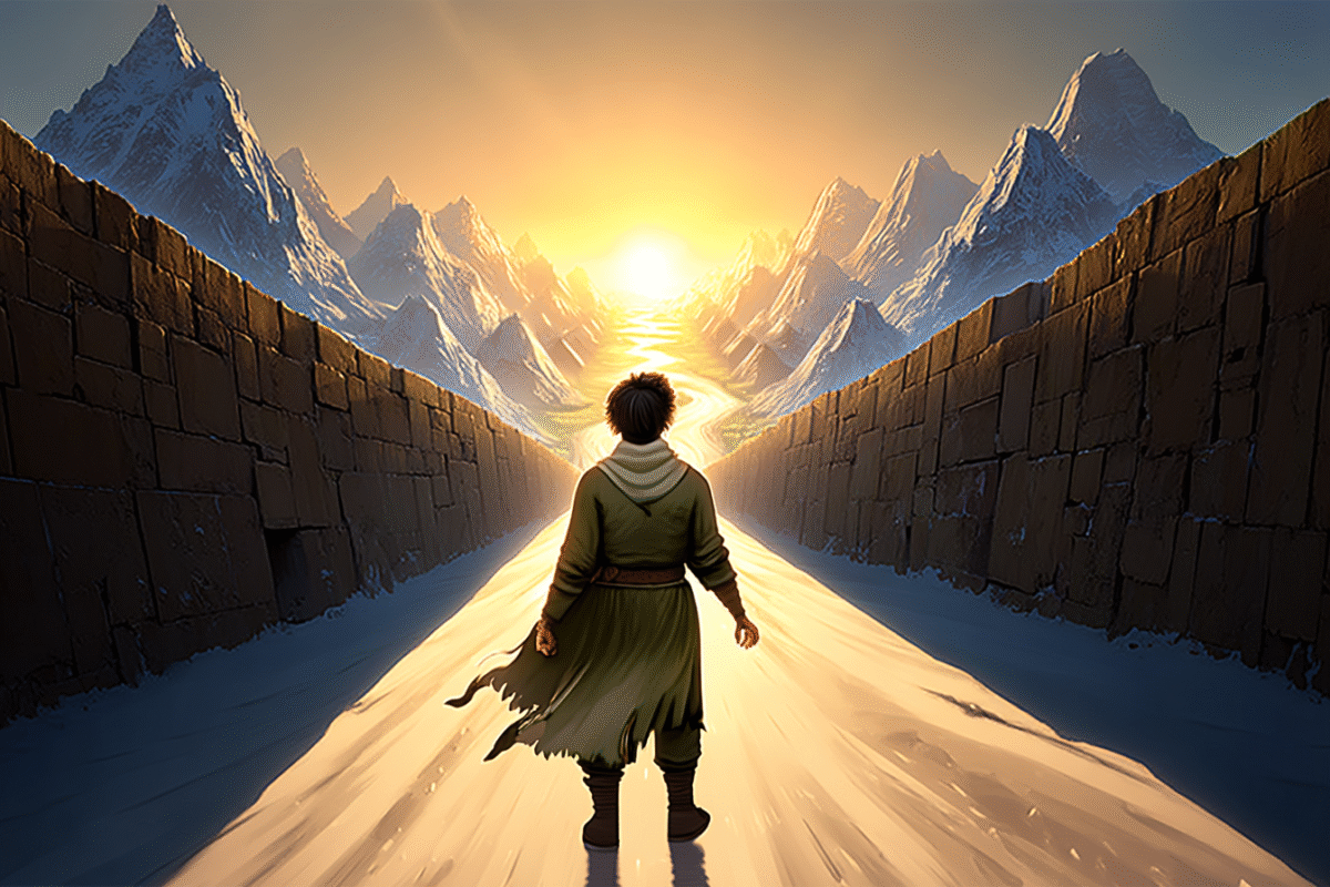 Person walking toward glowing snowy mountain peaks.