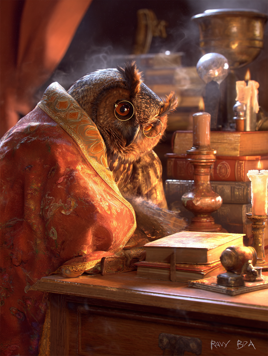 The Alliance of Eleven – Guardians of the Forgotten Realms | Fantasy Character Illustrations (11 PNG/JPG) 5 Owl scholar writing with quill at desk.