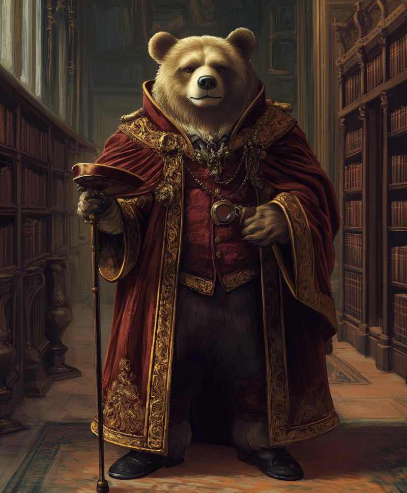 Bear scholar in red coat. Aristocratic Animal Portraits – Digital Art Collection