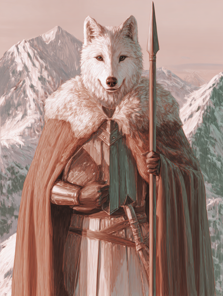 The Alliance of Eleven – Guardians of the Forgotten Realms | Fantasy Character Illustrations (11 PNG/JPG) 4 White wolf warrior in medieval cloak with staff.