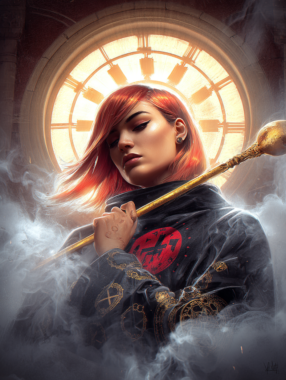 The Alliance of Eleven – Guardians of the Forgotten Realms | Fantasy Character Illustrations (11 PNG/JPG) 10 Red-haired woman with glowing halo and futuristic armor.
