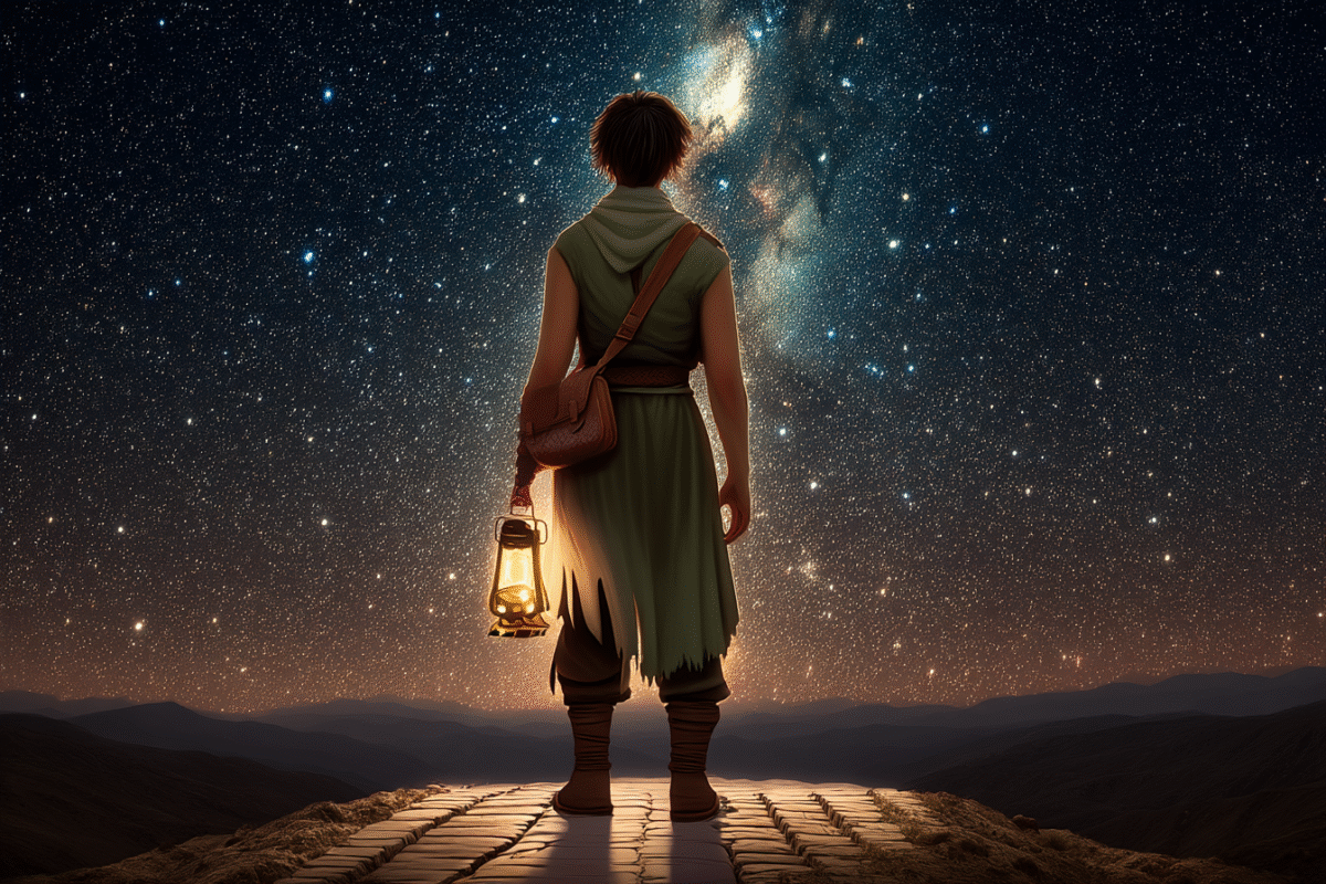 Traveler with lantern standing under starry cosmic sky.