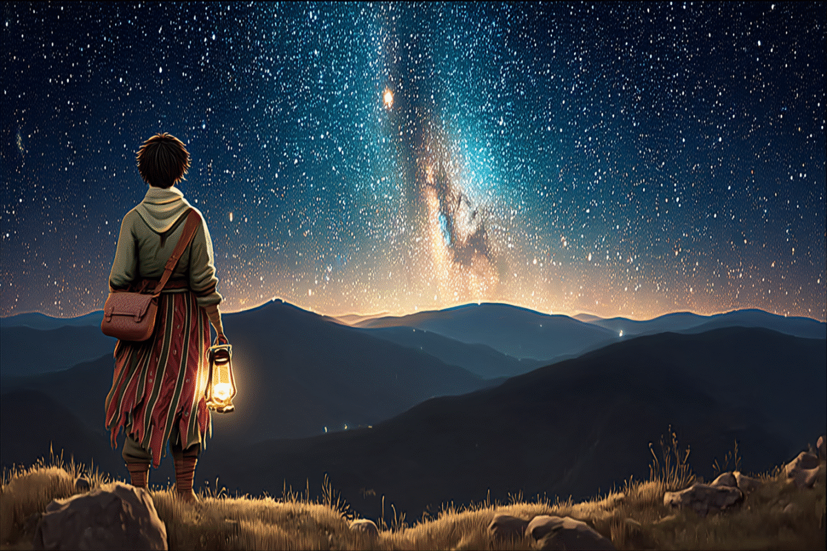 Lone figure gazing at huge spaceship above horizon.