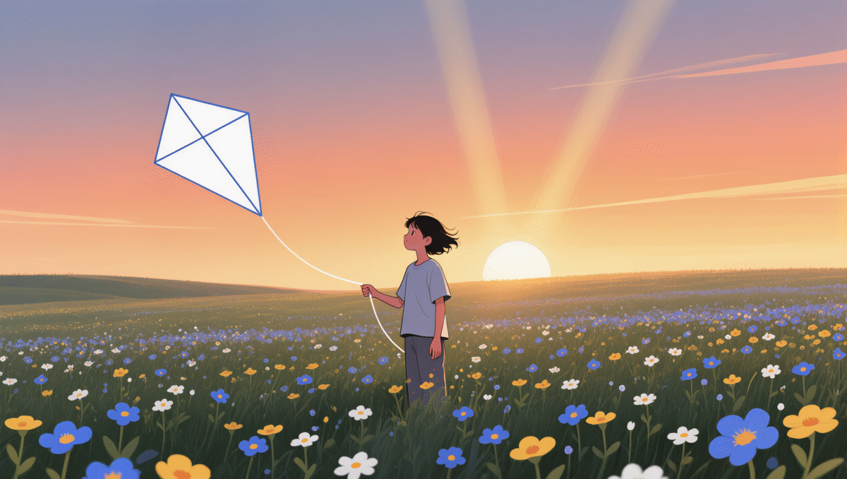 Person holding kite string under sunlit sky.