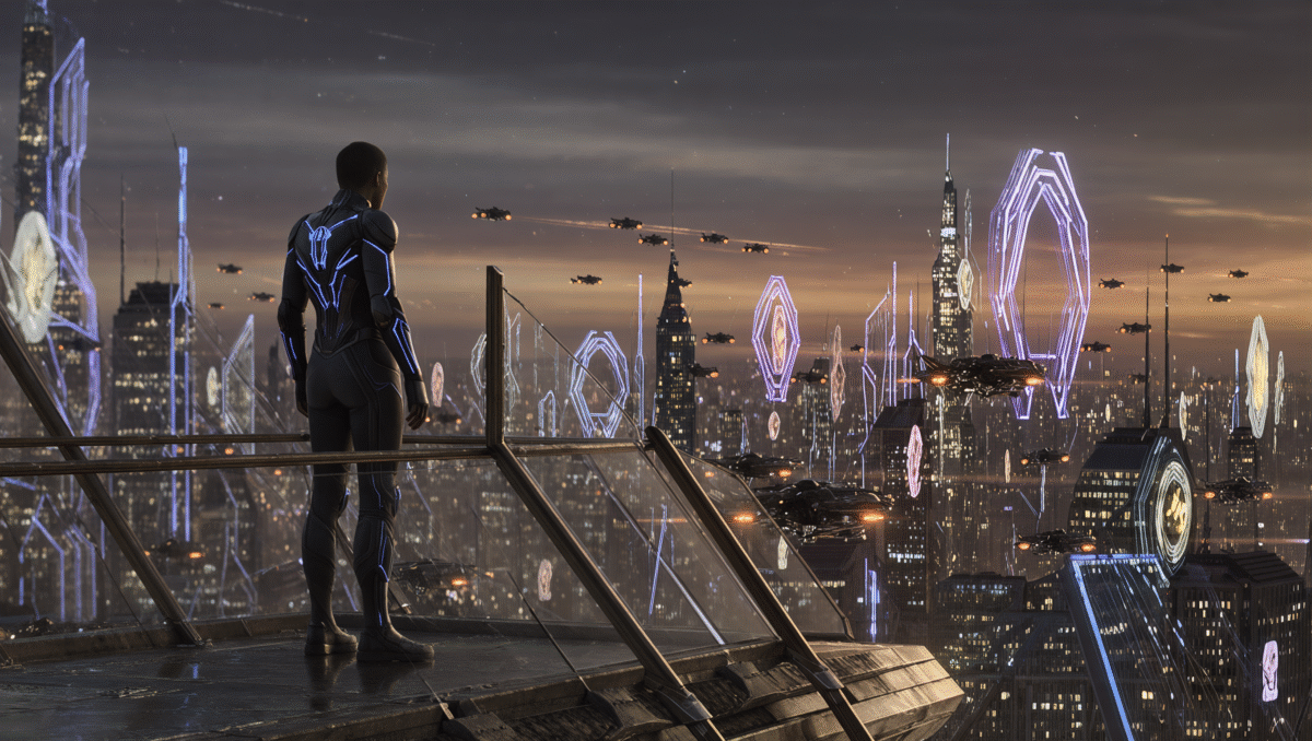 Man in dark coat standing on rooftop cyber city.