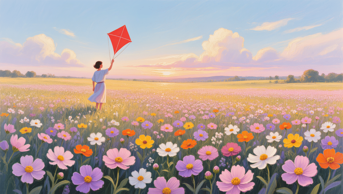 Child flying red kite in blooming flower field at sunset.