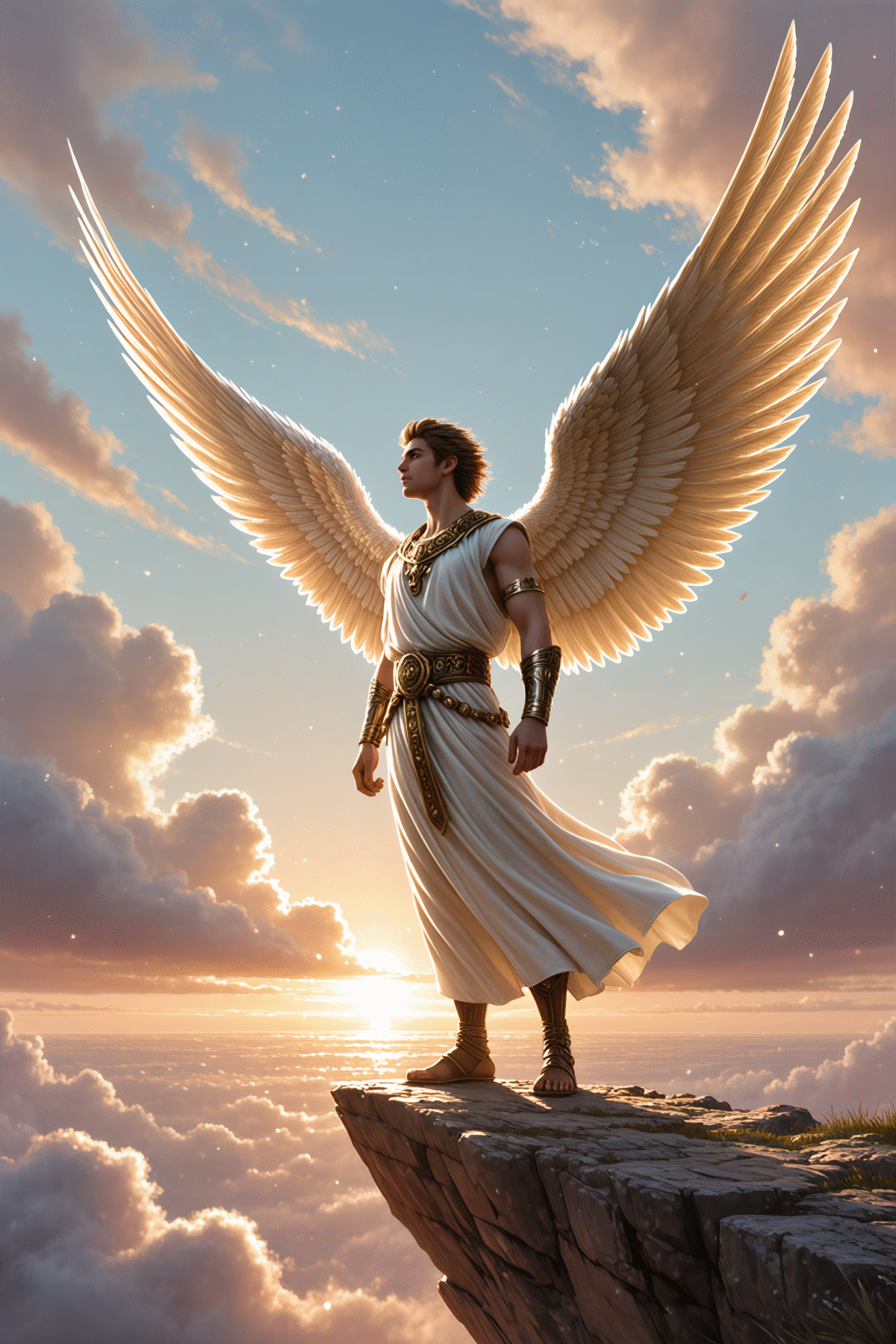 Angel with golden wings standing under sky.