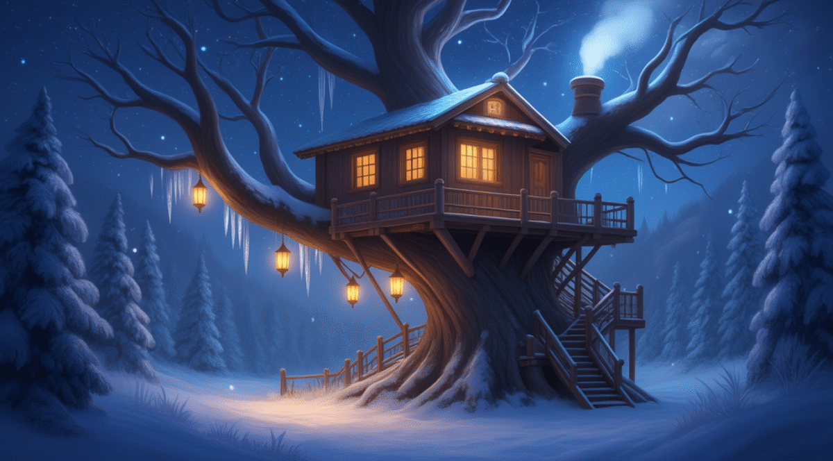 Fantasy treehouse glowing with lanterns in winter.
