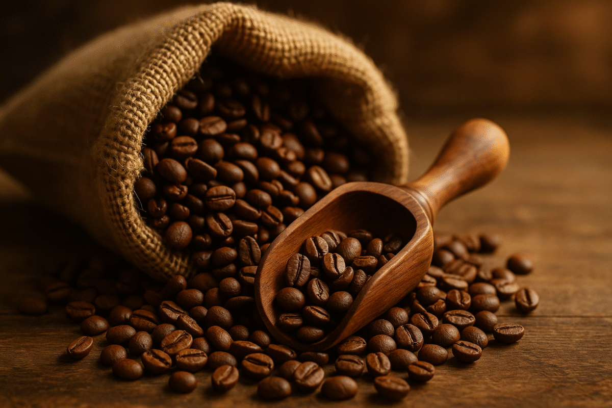 coffee beans in a bag lying on the table and scattered a little, there is also a spatula for collecting coffee beans
