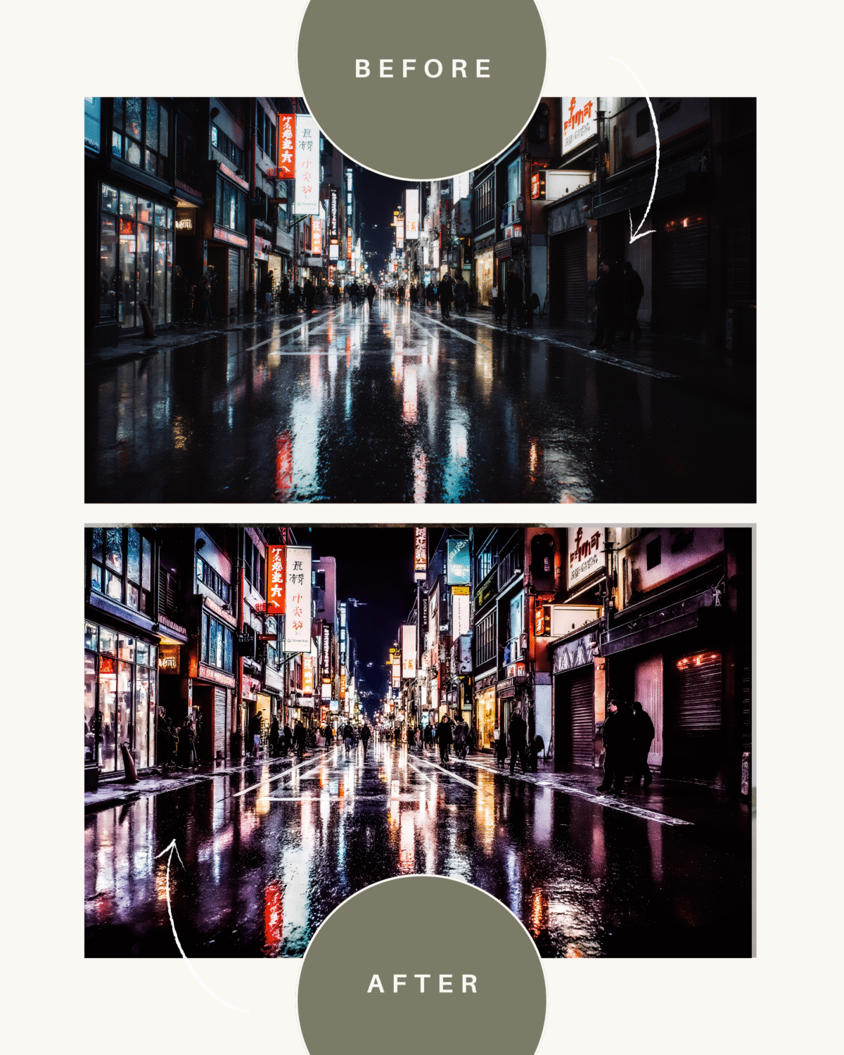 evening city in the rain, reflections of shop windows in cyber style