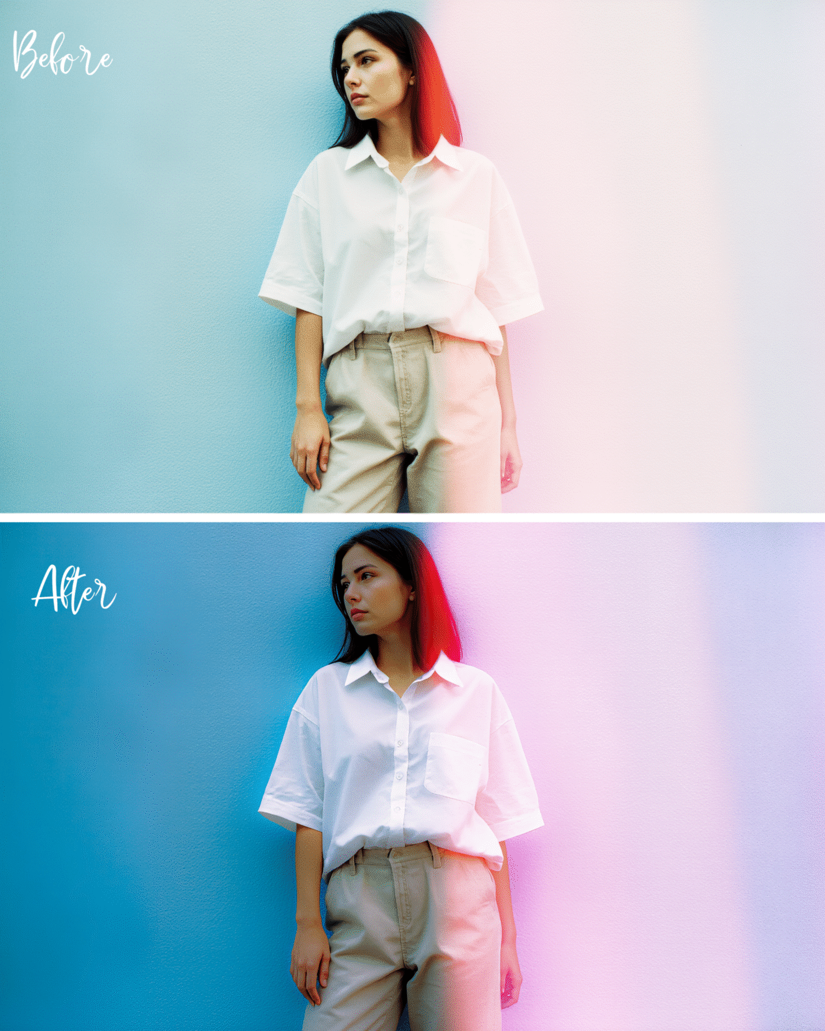 Portrait of a person in white shirt against pastel gradient background