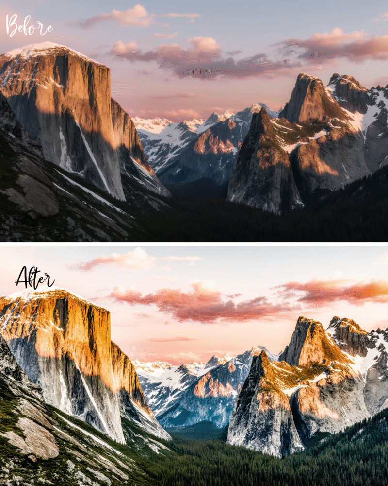 Panoramic mountain landscape with rocky peaks at sunrise